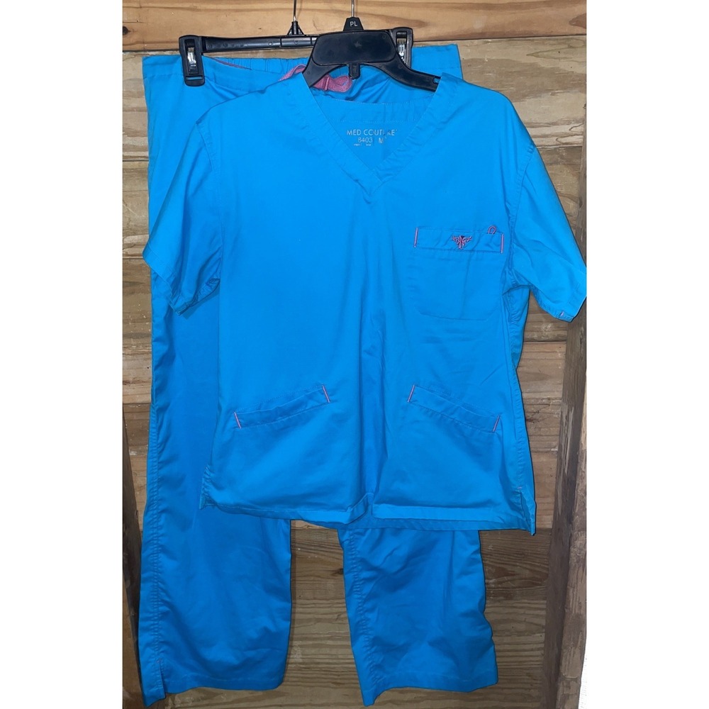 Med Couture Women's Scrub Set Top & Pants Sz Medium Blue Pink Accents 8403/8705